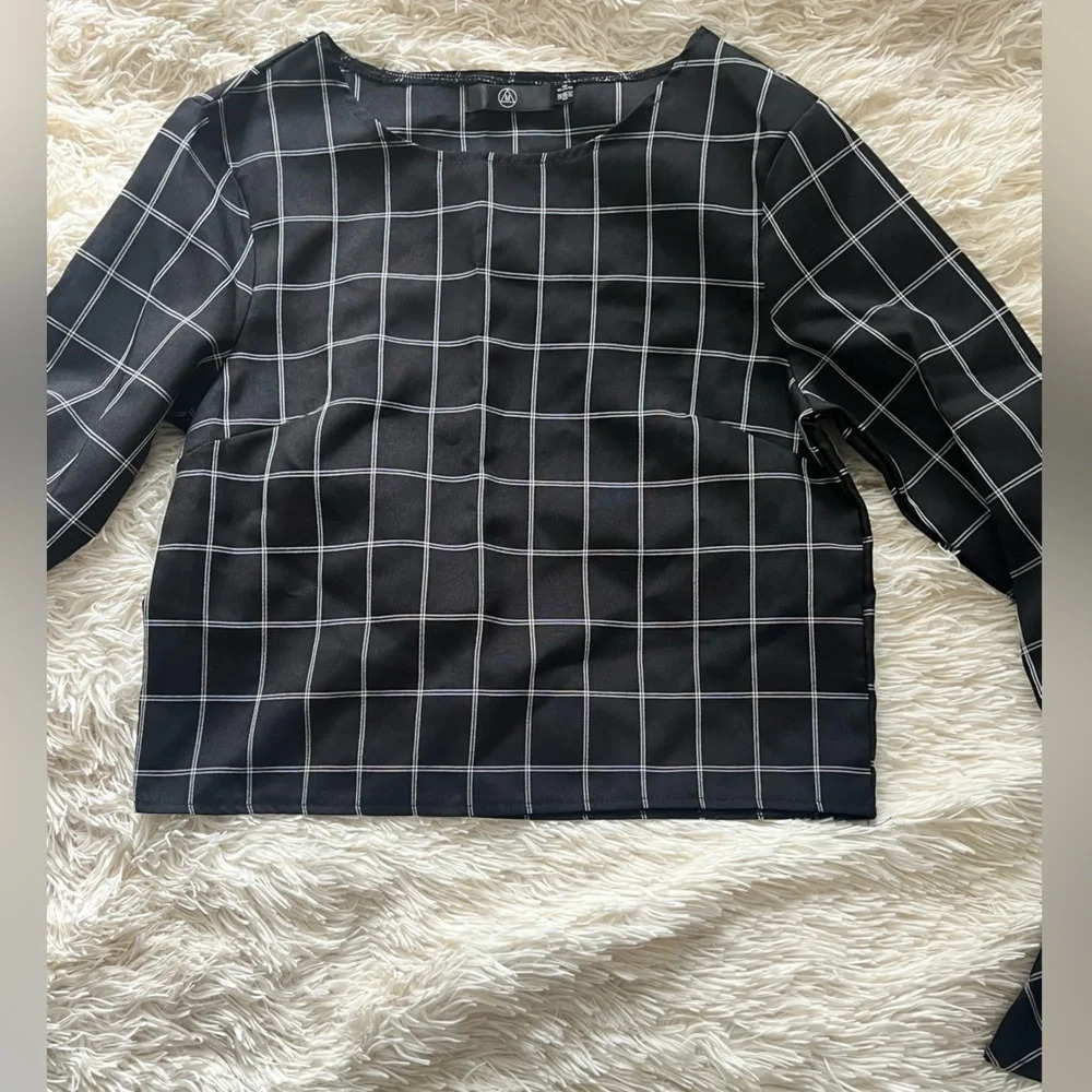 Missguided Black Checkered Tie Bell Sleeve Top